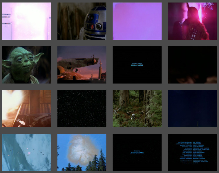 16 Images representing an algorithmic summary of Star Wars using surf and hue descriptors
