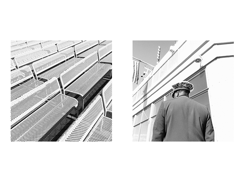 benches and a man on the empire state building